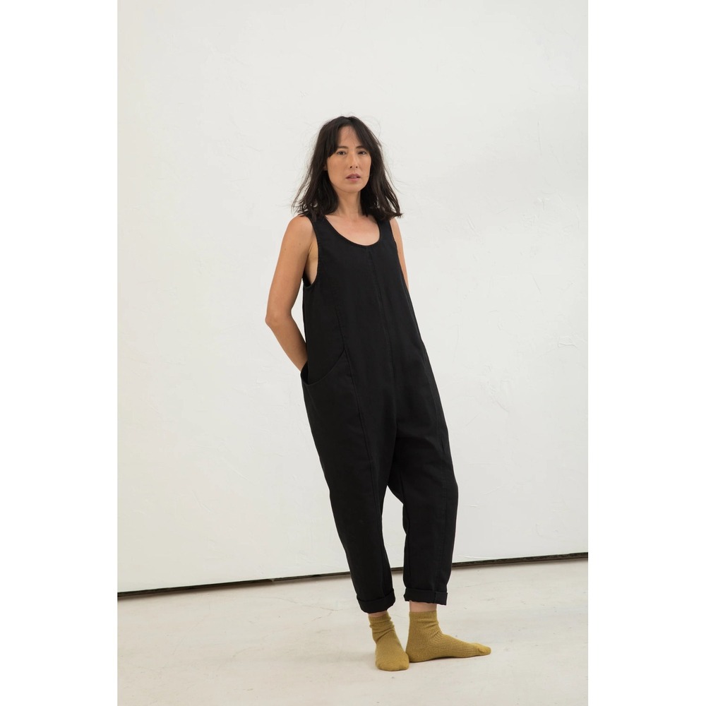 Elizabeth Suzann Clyde Jumpsuit Black Cotton Canvas Sleeveless Size Large Tall